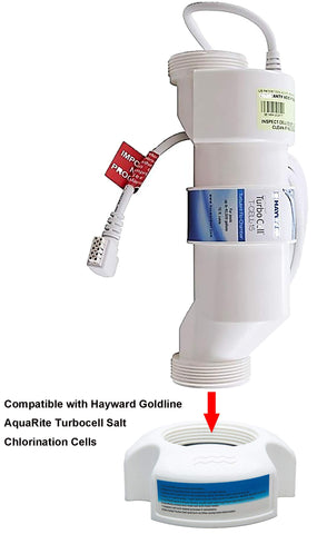 ATIE pool salt cell cleaning stand on plumbing demonstrates universal compatibility with multiple salt cells