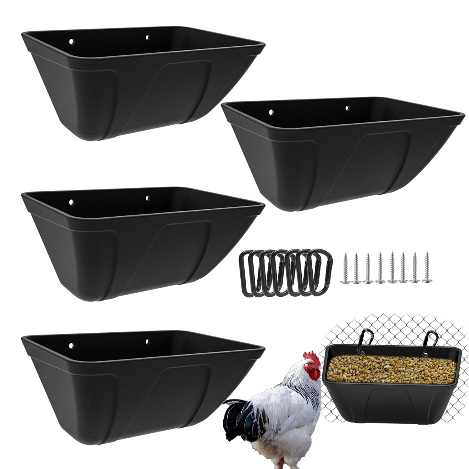 ATKSKYO fence-hanging chicken feeder trough for spill-free coop feeding.
