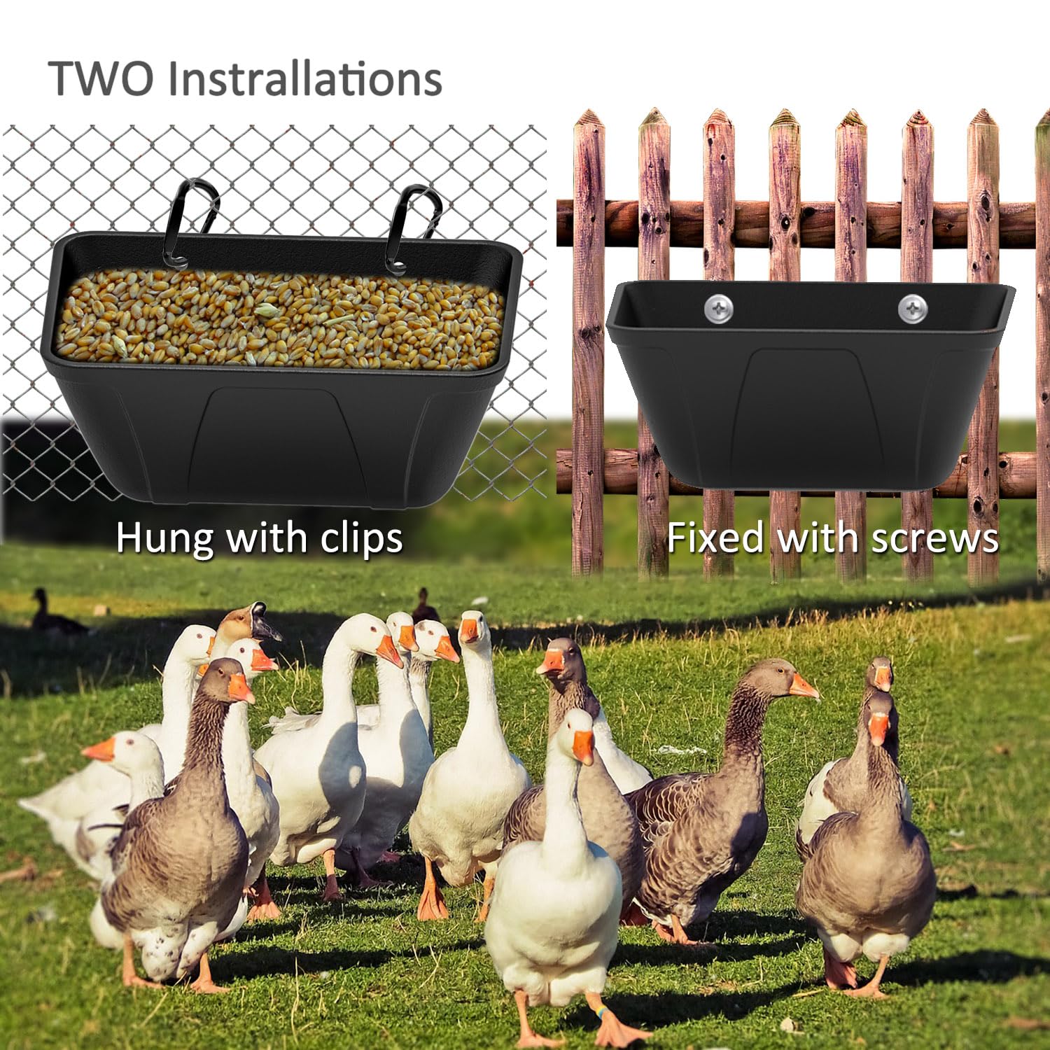 ATKSKYO poultry feed trough dispensers for grains, minerals, or liquids.