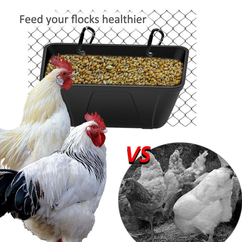 ATKSKYO wall-mount chicken feeder with clips and screws for secure installation.