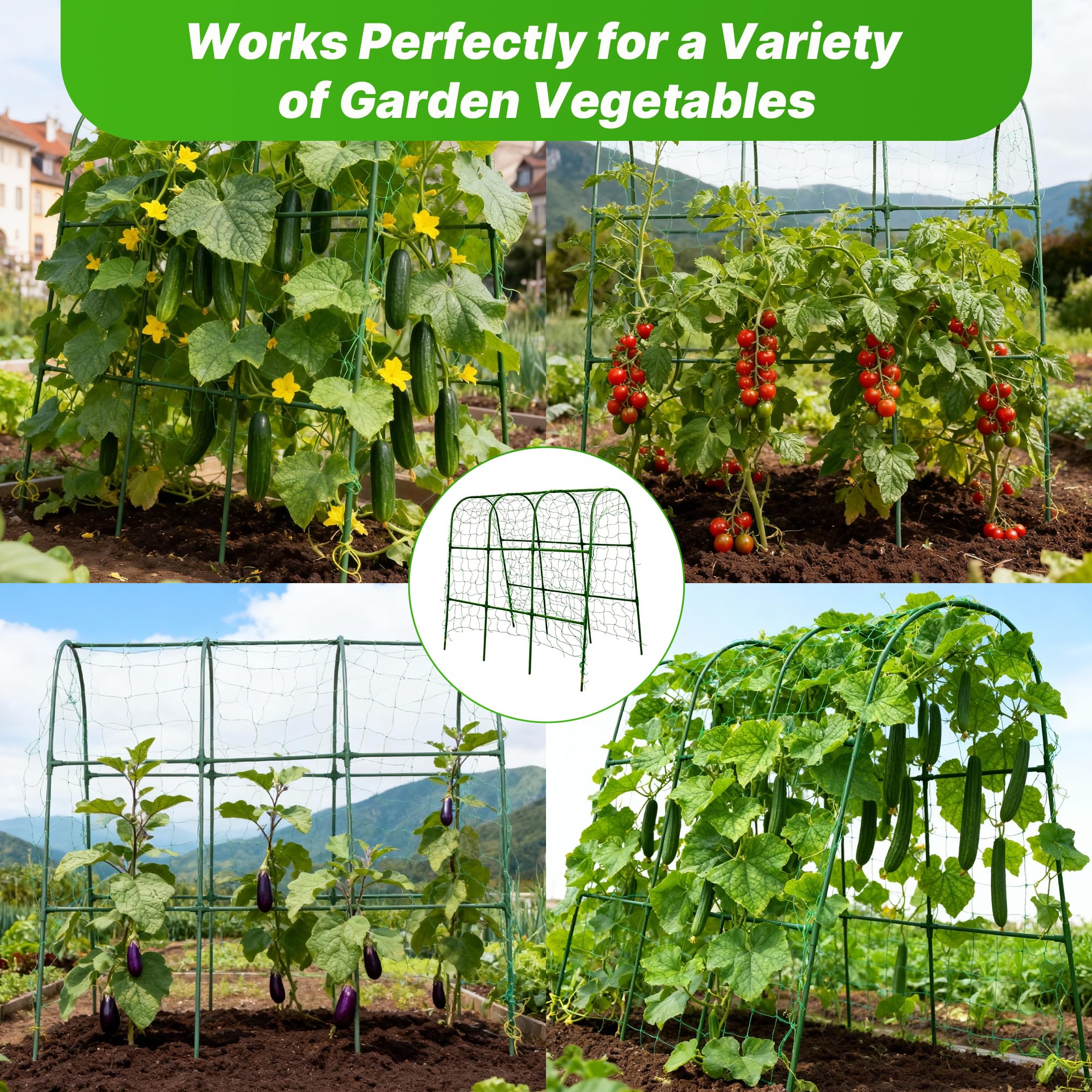 ATLIKE arch trellis creates vertical space for cucumbers and beans.