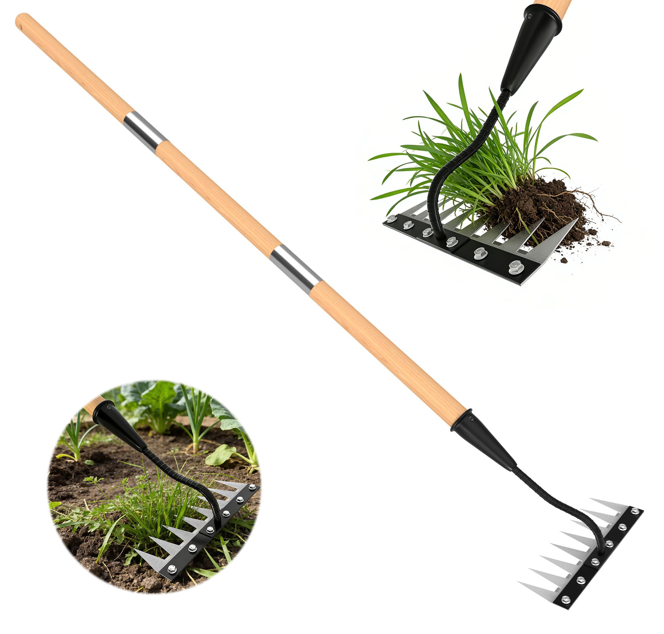 ATLRGISL iron weed rake with wooden handle, 56-inch reach for standing weed removal.