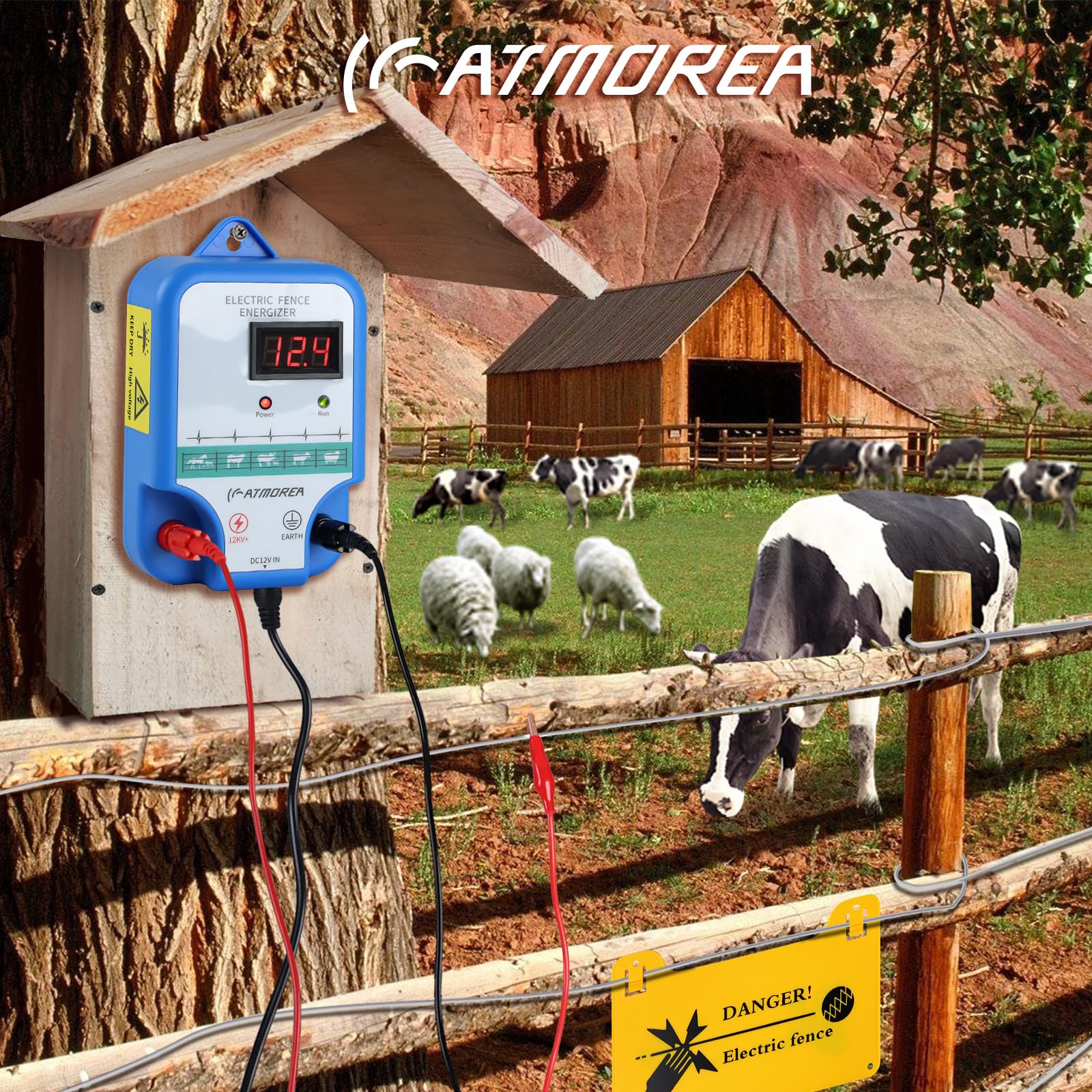 ATMOREA Electric Fence Charger display close-up highlighting real-time voltage readout for proactive maintenance.