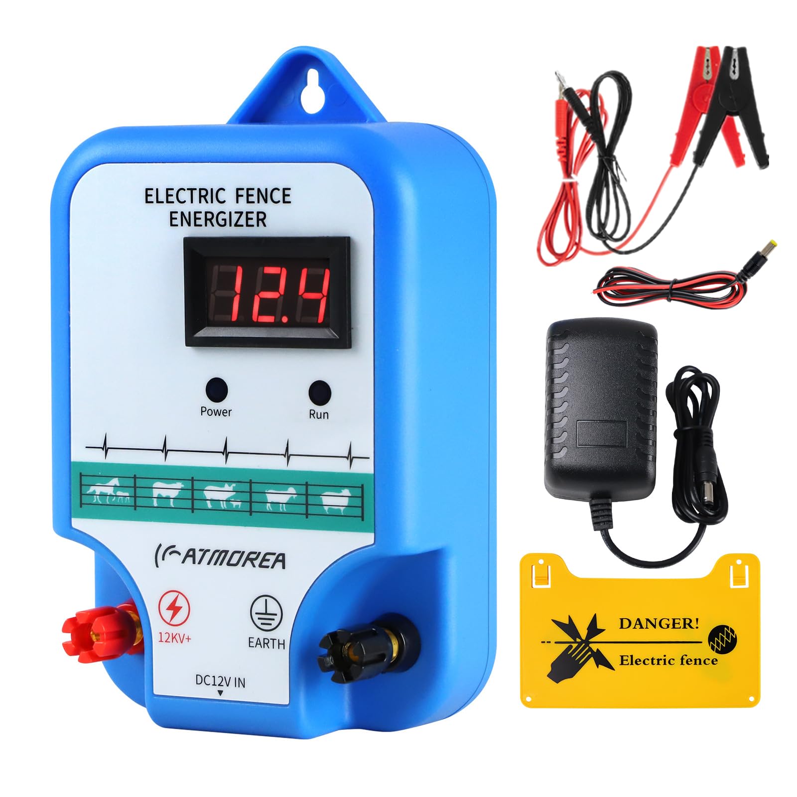 ATMOREA Electric Fence Charger front view showing compact build and rugged casing for field use.