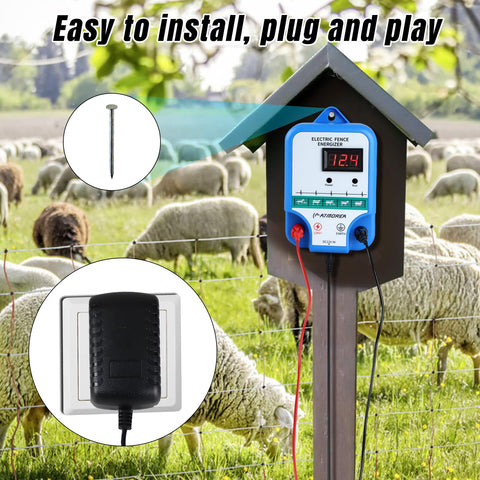 ATMOREA Electric Fence Charger IPX5 enclosure image emphasizes weatherproof protection for outdoors.