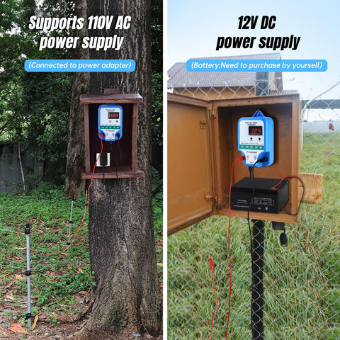 ATMOREA Electric Fence Charger solar power setup showing panel connection enabling remote fencing.