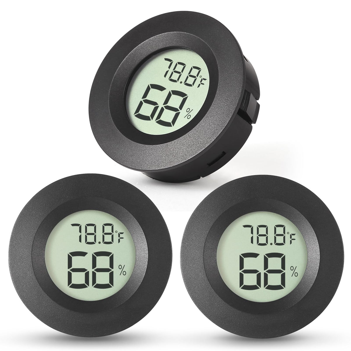 Atogou 3-pack mini hygrometer front view for easy humidity and temperature reading.