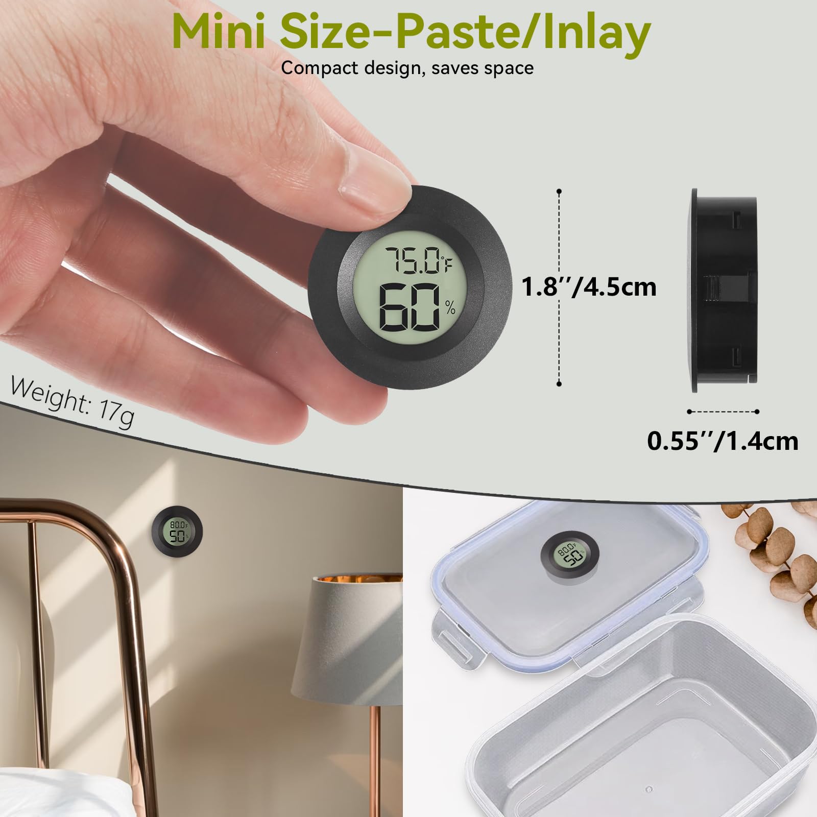 Atogou mini hygrometer dial close-up highlights clear readings