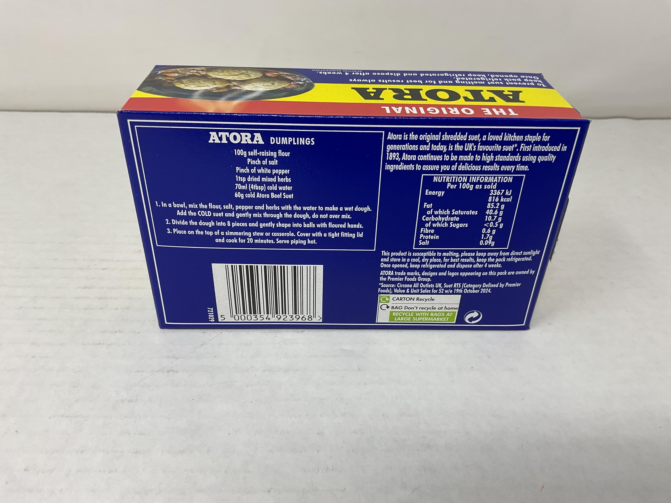 The Atora Shredded Beef Suet 200g pack-2 skillet-use shows cooking idea