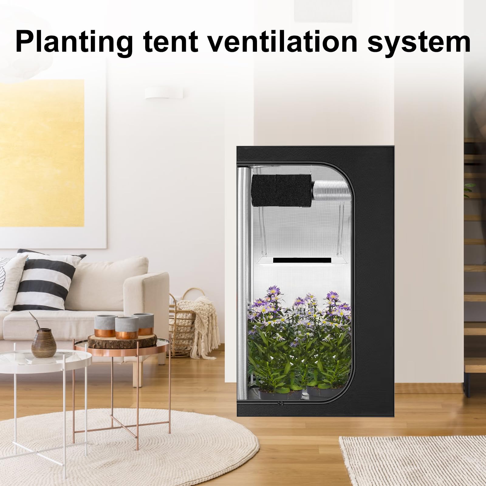 Atour 4in air filtration kit in tent setup for indoor growing