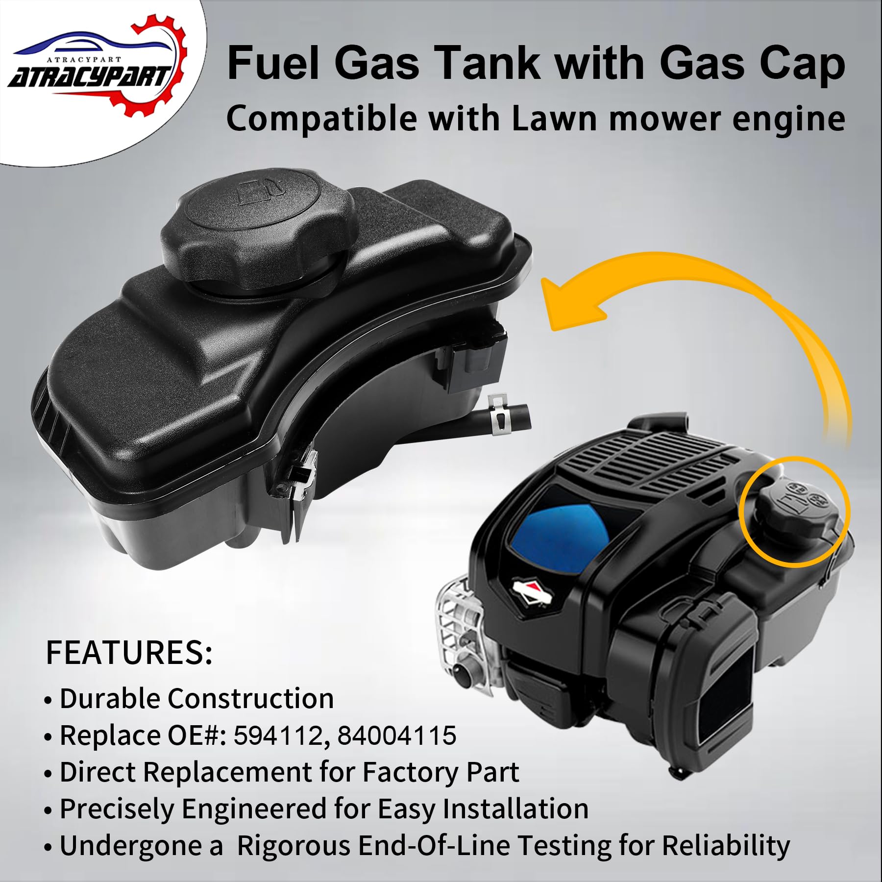 ATRACYPART compatible models tank close-up shows broad lawnmower compatibility.