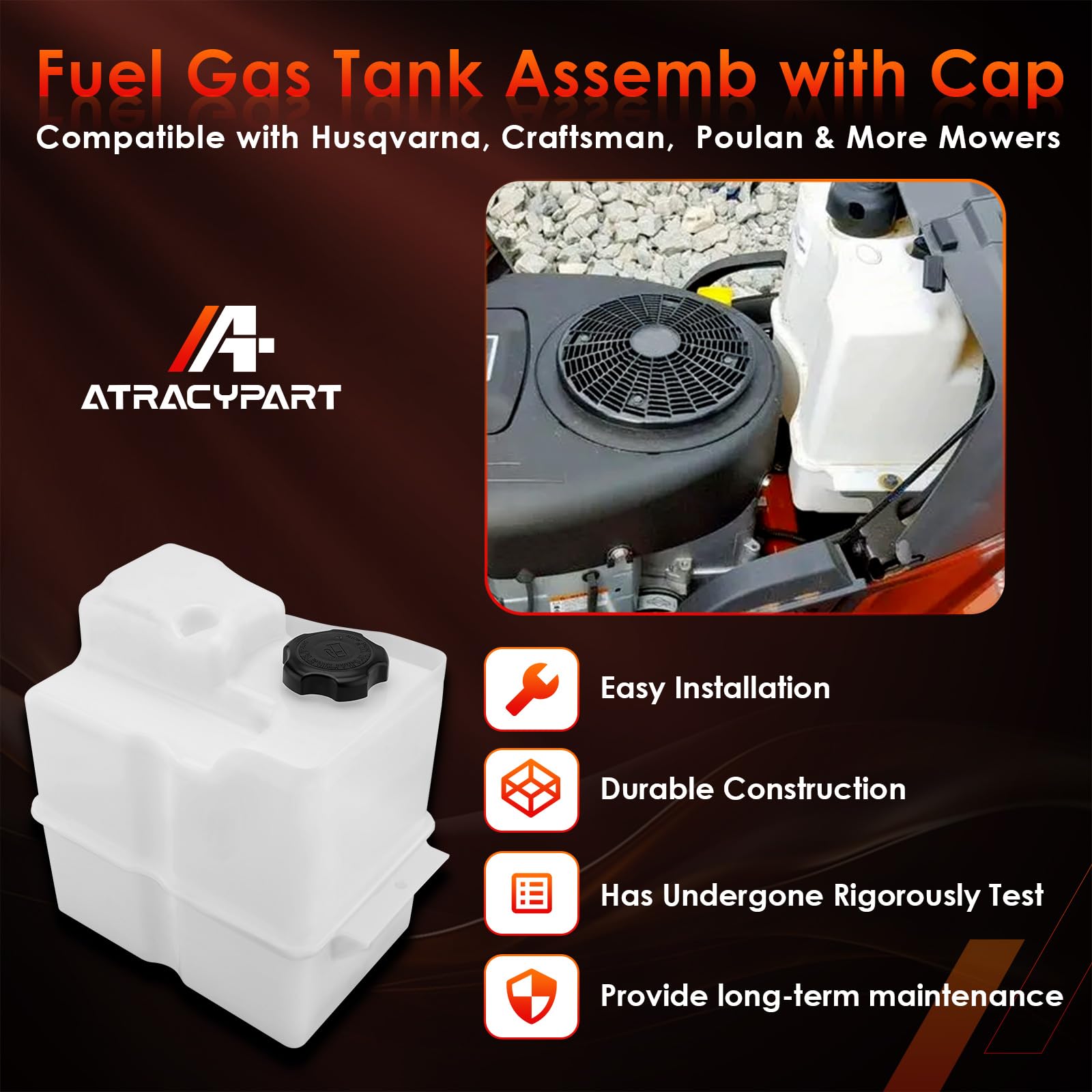 ATRACYPART fuel tank front view highlighting durable construction and fit.