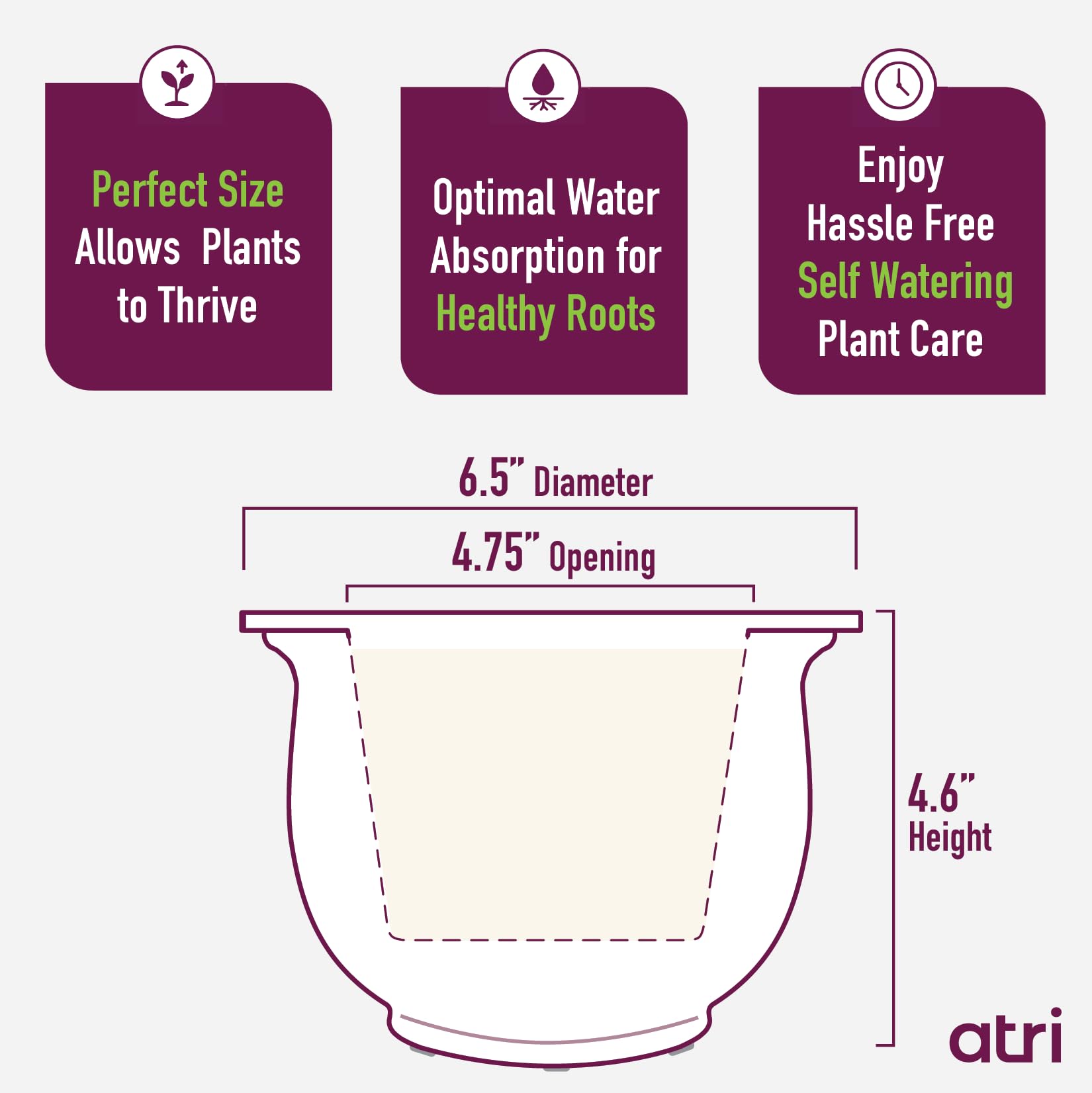 Atri two-piece ceramic planter enabling easy self-watering for African violets.