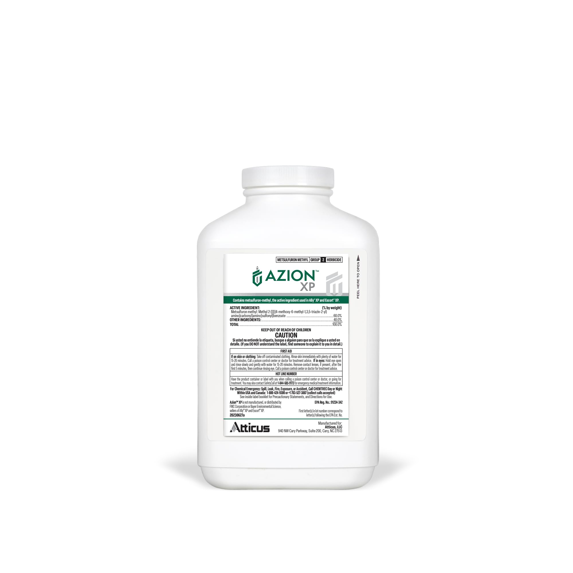 Atticus Azion XP 16oz bottle label highlights bermudagrass and St. Augustine grass weed control benefits