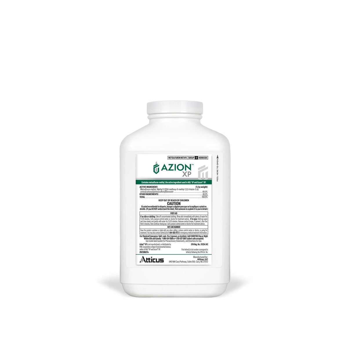 Atticus Azion XP 16oz bottle label highlights bermudagrass and St. Augustine grass weed control benefits