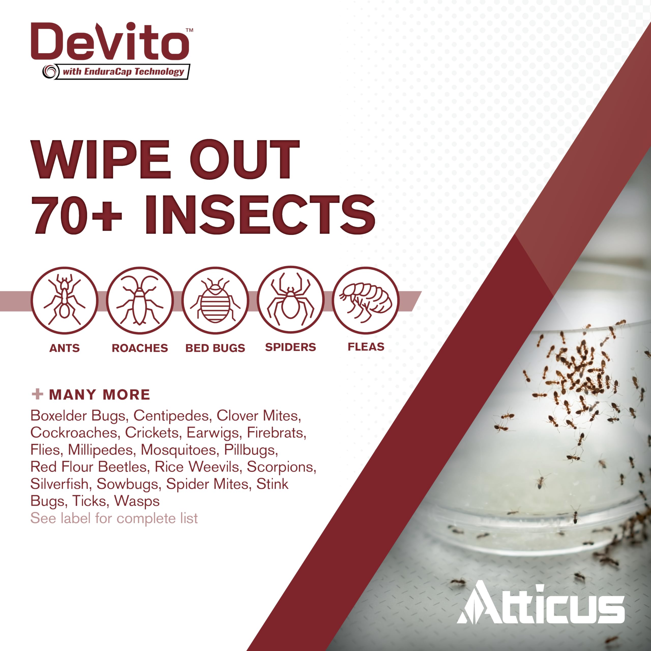 Atticus Devito CS pest-coverage shows use against 70+ pests in indoor-outdoor settings.