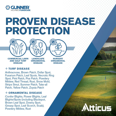 Atticus Gunner 14.3 fungicide label shows ready-to-mix MEC formula for easy tank-mix.