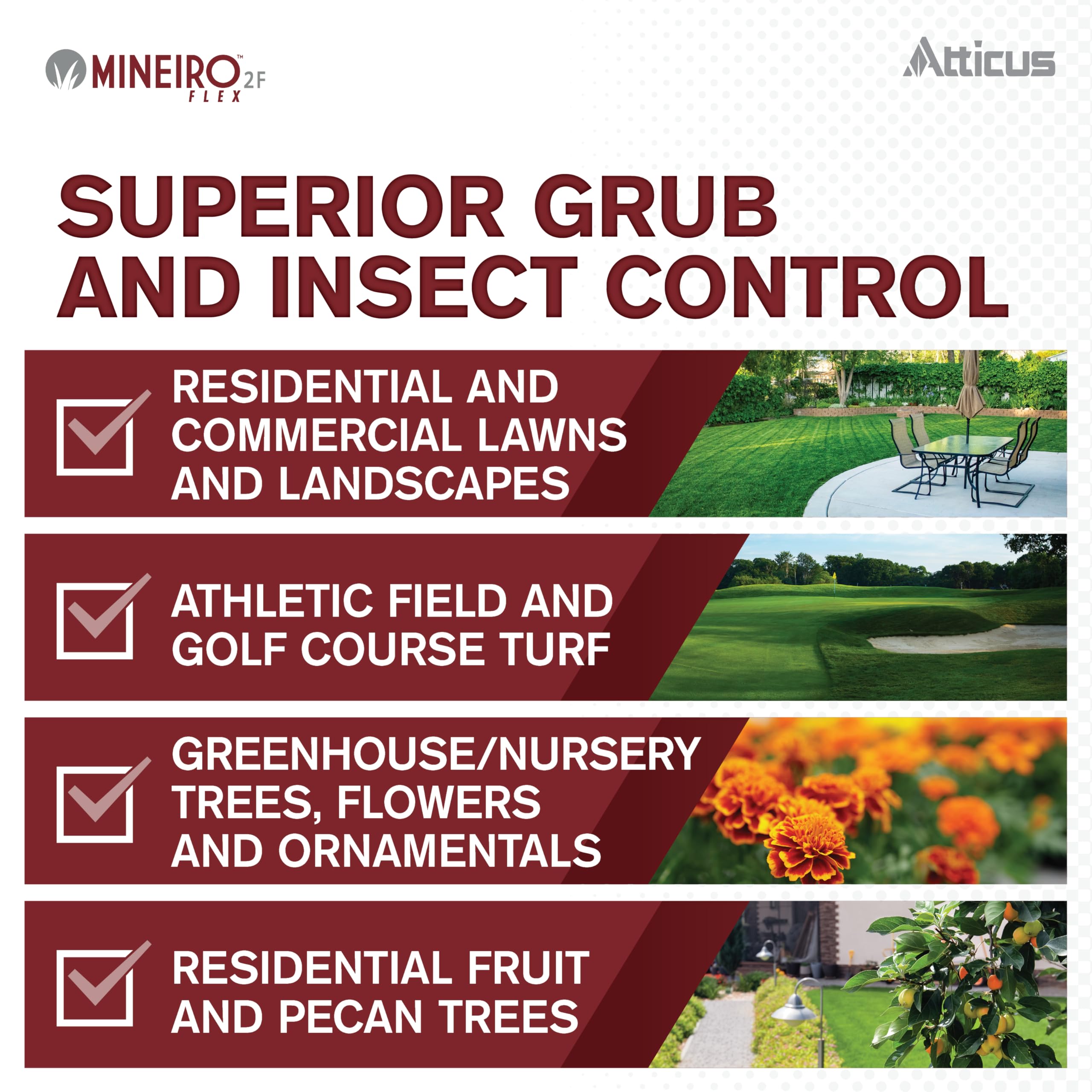 Atticus Mineiro 2F Flex packaging shows targets like grubs and surface pests for preventive care.