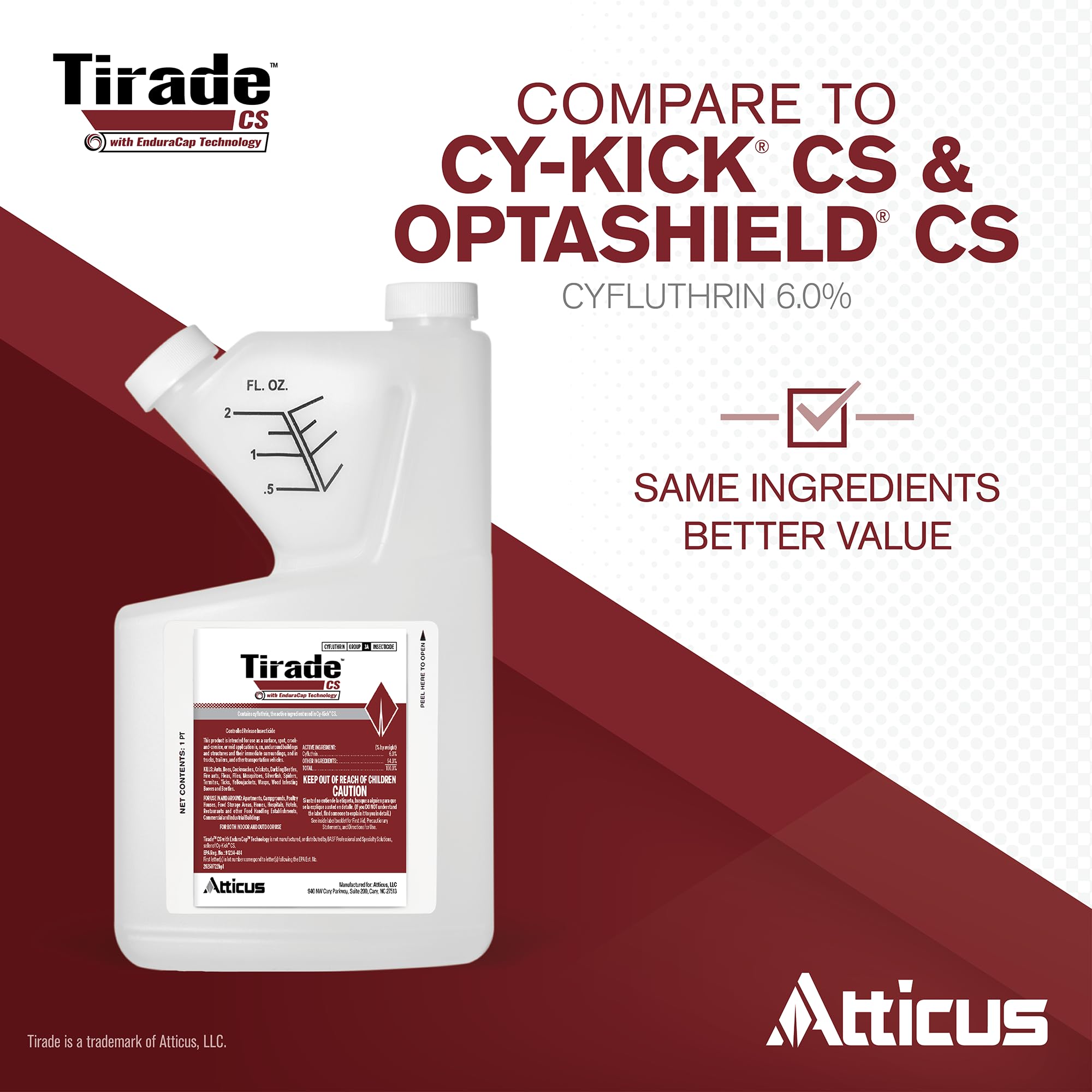 Atticus Tirade CS label packaging highlights 6% cyfluthrin formulation for broad control.