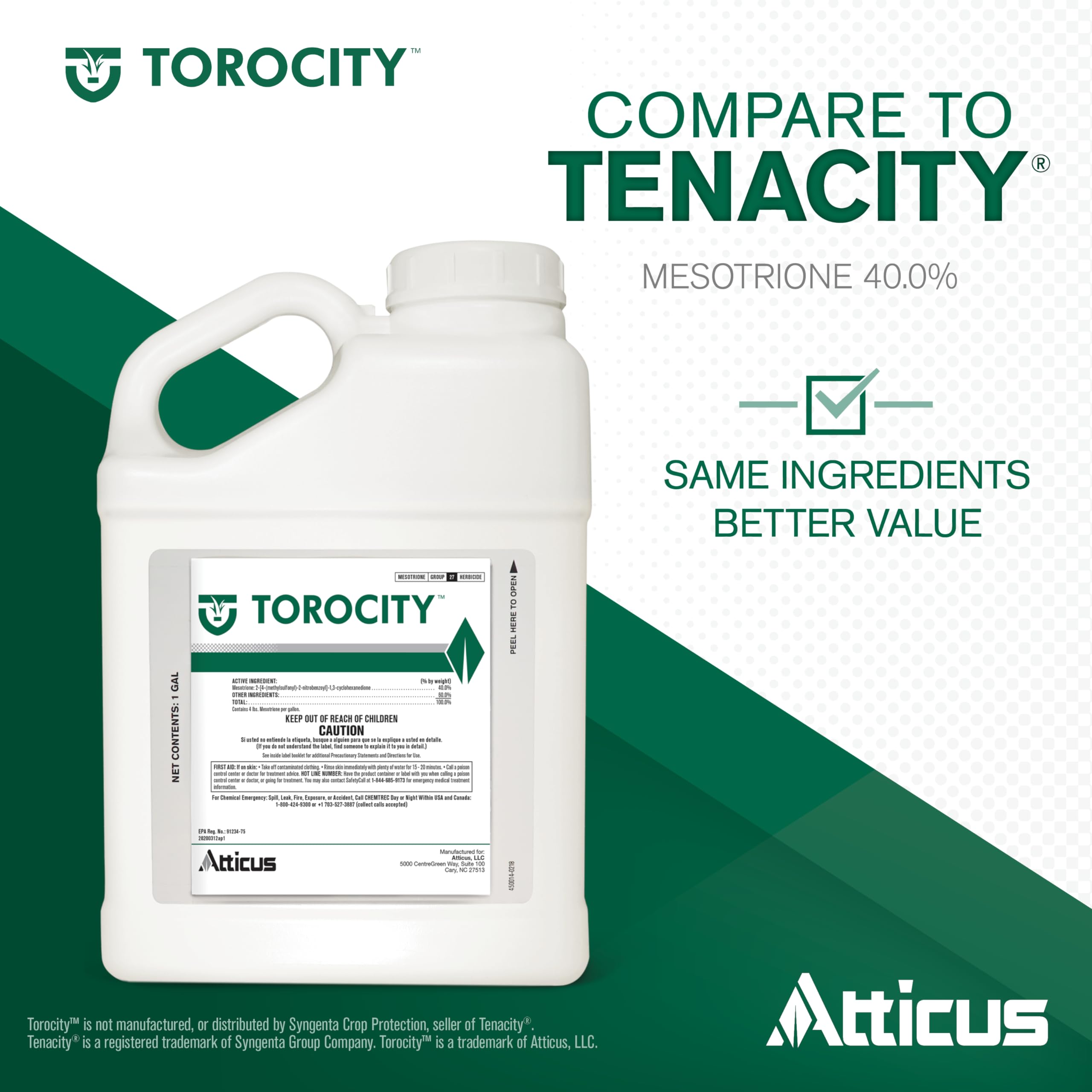 Torocity label close-up showing 40% mesotrione for selective lawn weed control.