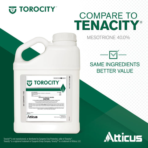 Torocity label close-up showing 40% mesotrione for selective lawn weed control.