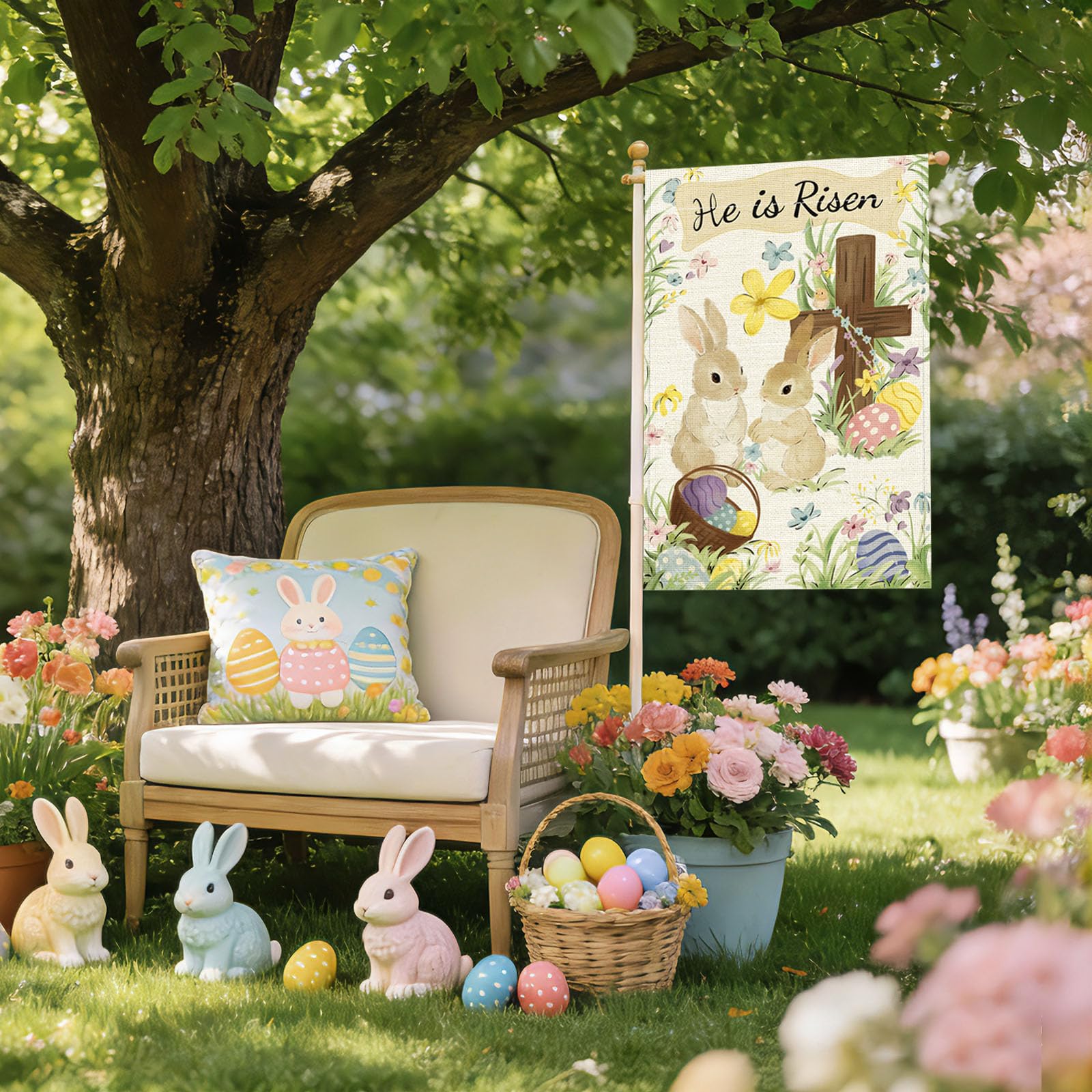 ATTRACME Easter flag with top sleeve fits standard garden flagpoles.