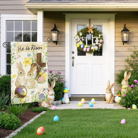ATTRACME weather-resistant polyester Easter flag maintains vibrant colors outdoors.