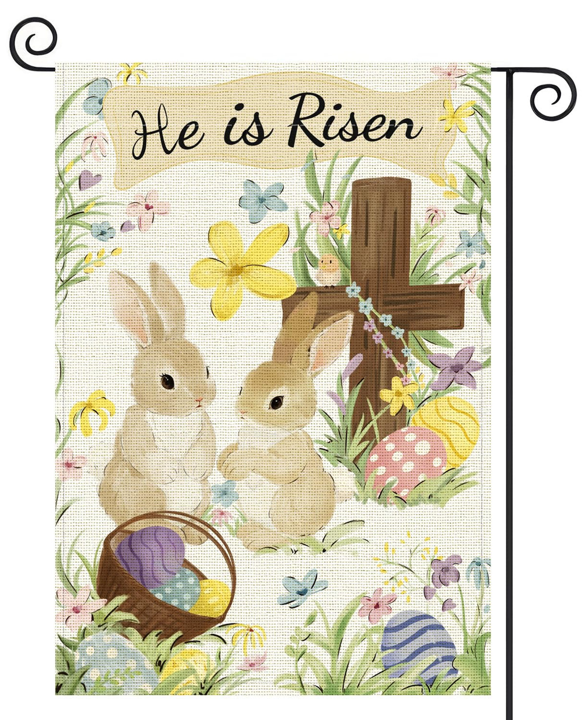 ATTRACME He Is Risen garden flag with bunnies, flowers, and cross for outdoor cheer.