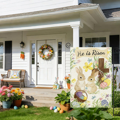 ATTRACME He Is Risen double-sided garden flag, visible from both sides.