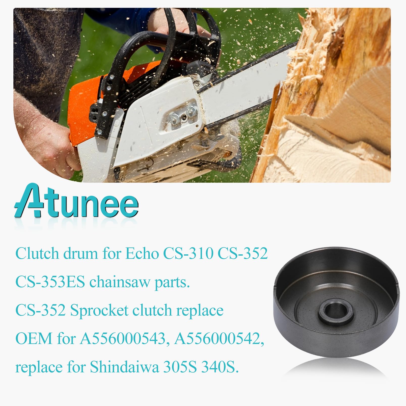 Atunee sprocket clutch drum for Echo CS-310 – side view highlighting bearing-ready design