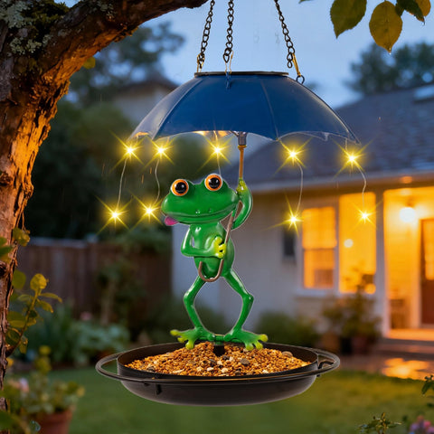 ATZNWX solar bird feeder frog umbrella attracts songbirds by day and glows at night.