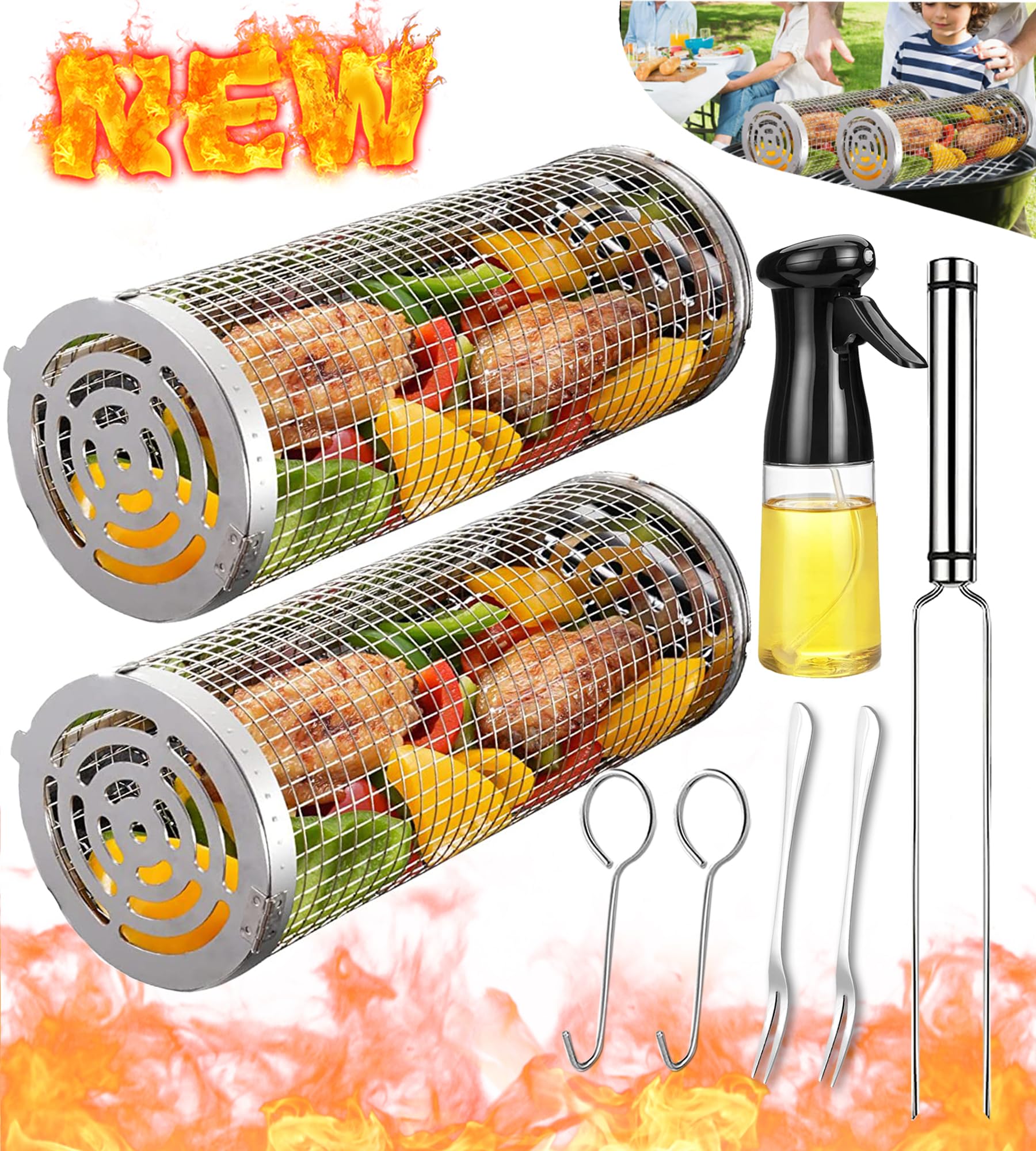 Aucma rolling grilling basket with secure lid closure for spill-free cooking.