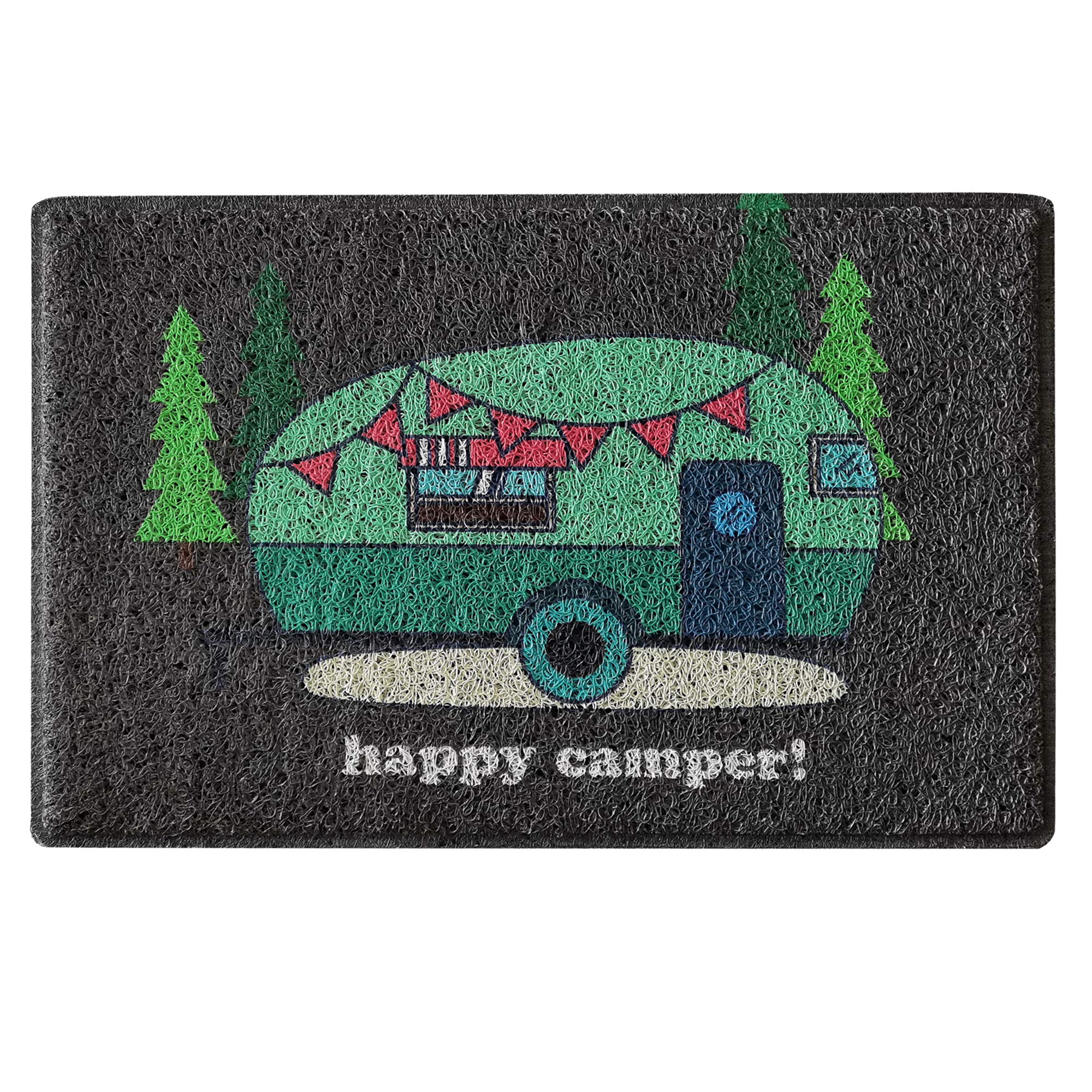 Aucuda Happy Camper RV door mat at the front entrance traps dirt and moisture.