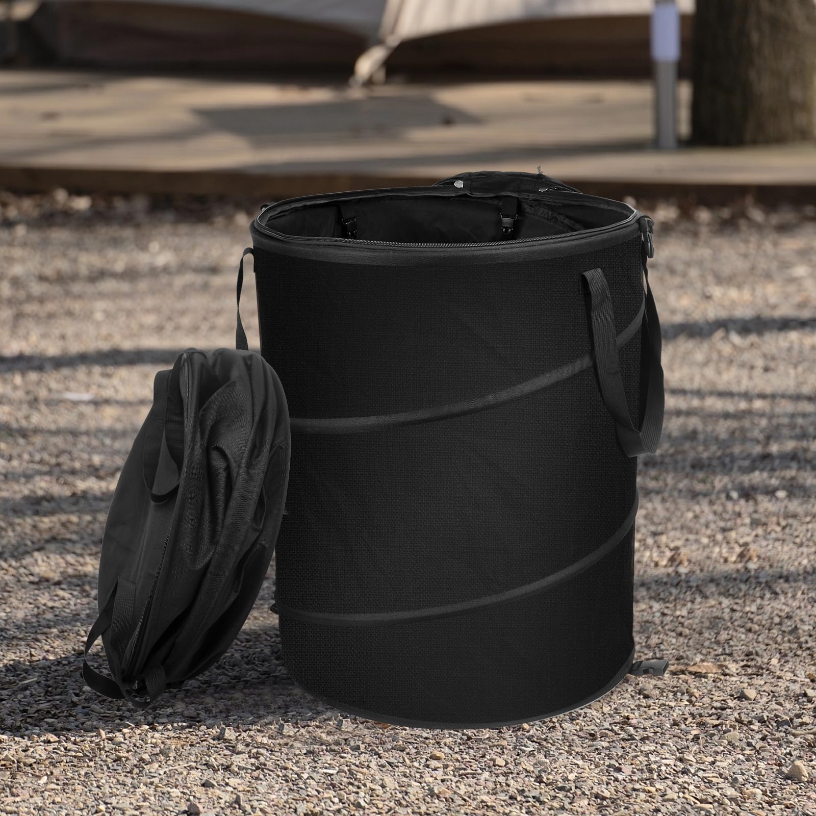 Audoyon 24-gallon collapsible trash can with gloves, ideal for easy yard cleanup.