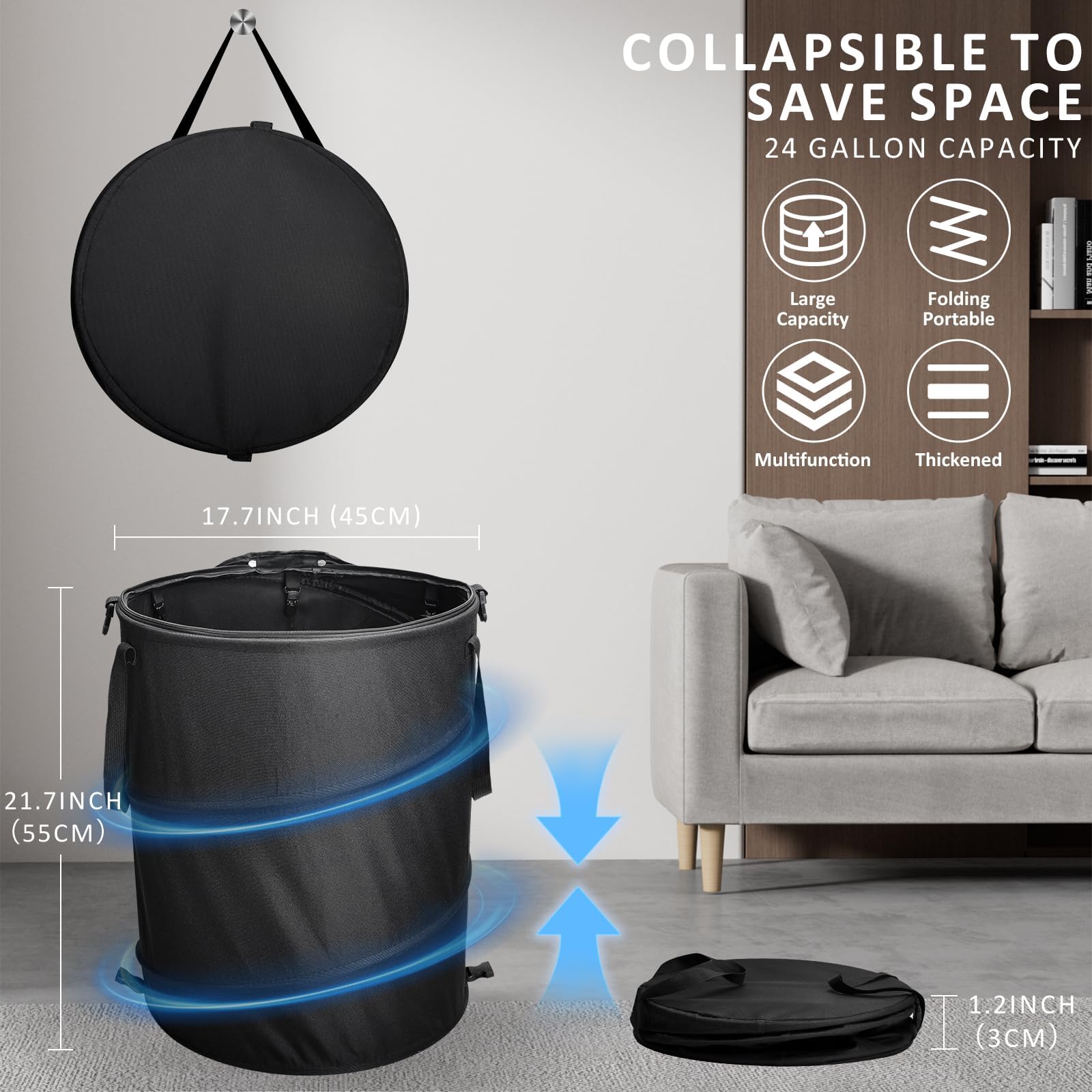 Audoyon collapsible trash can in garden saves space when not in use.