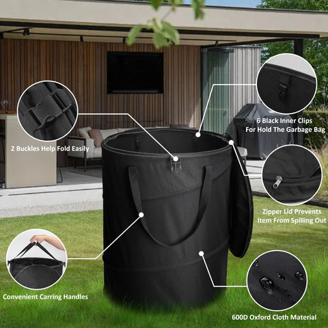 Audoyon trash can open with lid for quick yard work access.