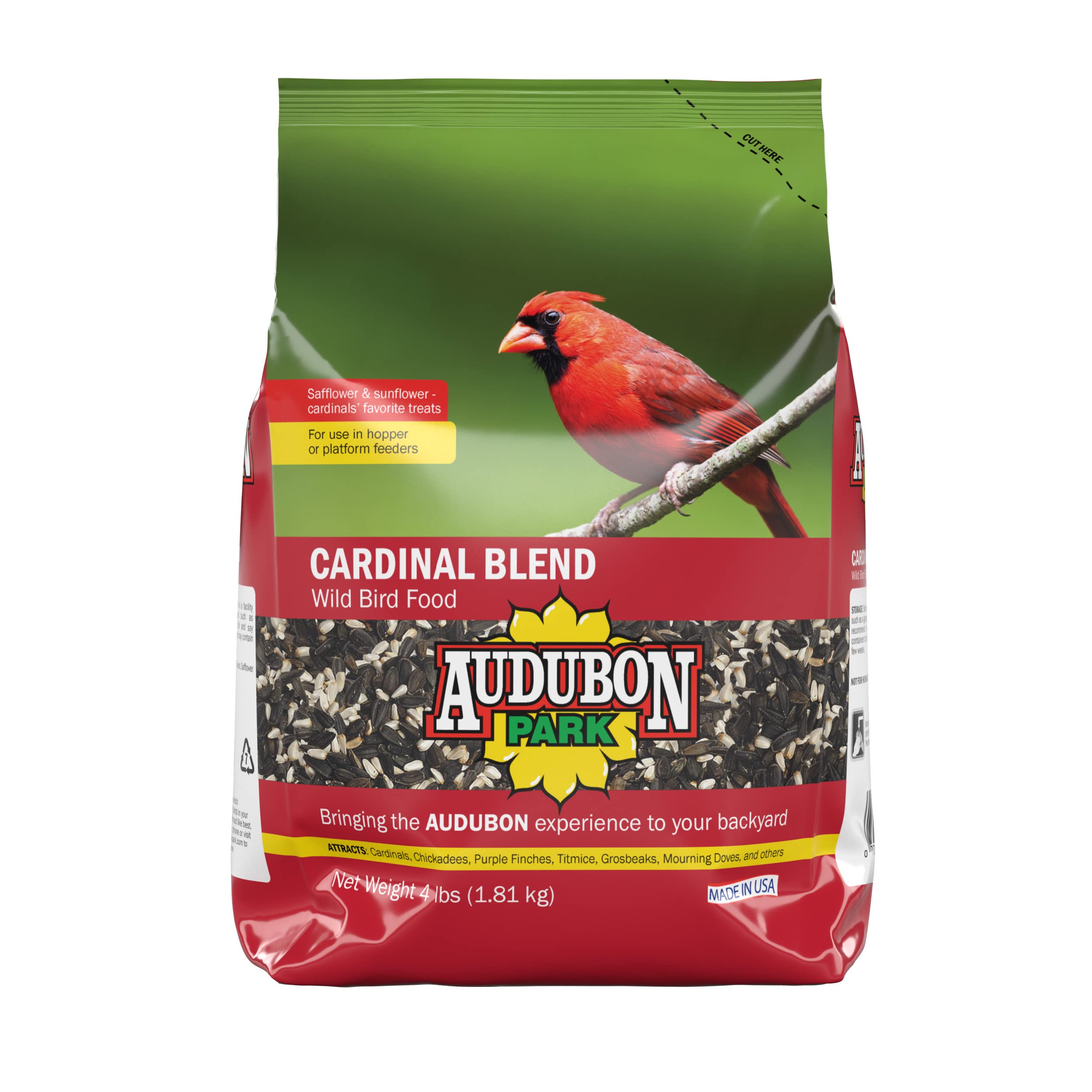 Audubon Park Cardinal Blend wild bird food bag ready for outdoor feeding