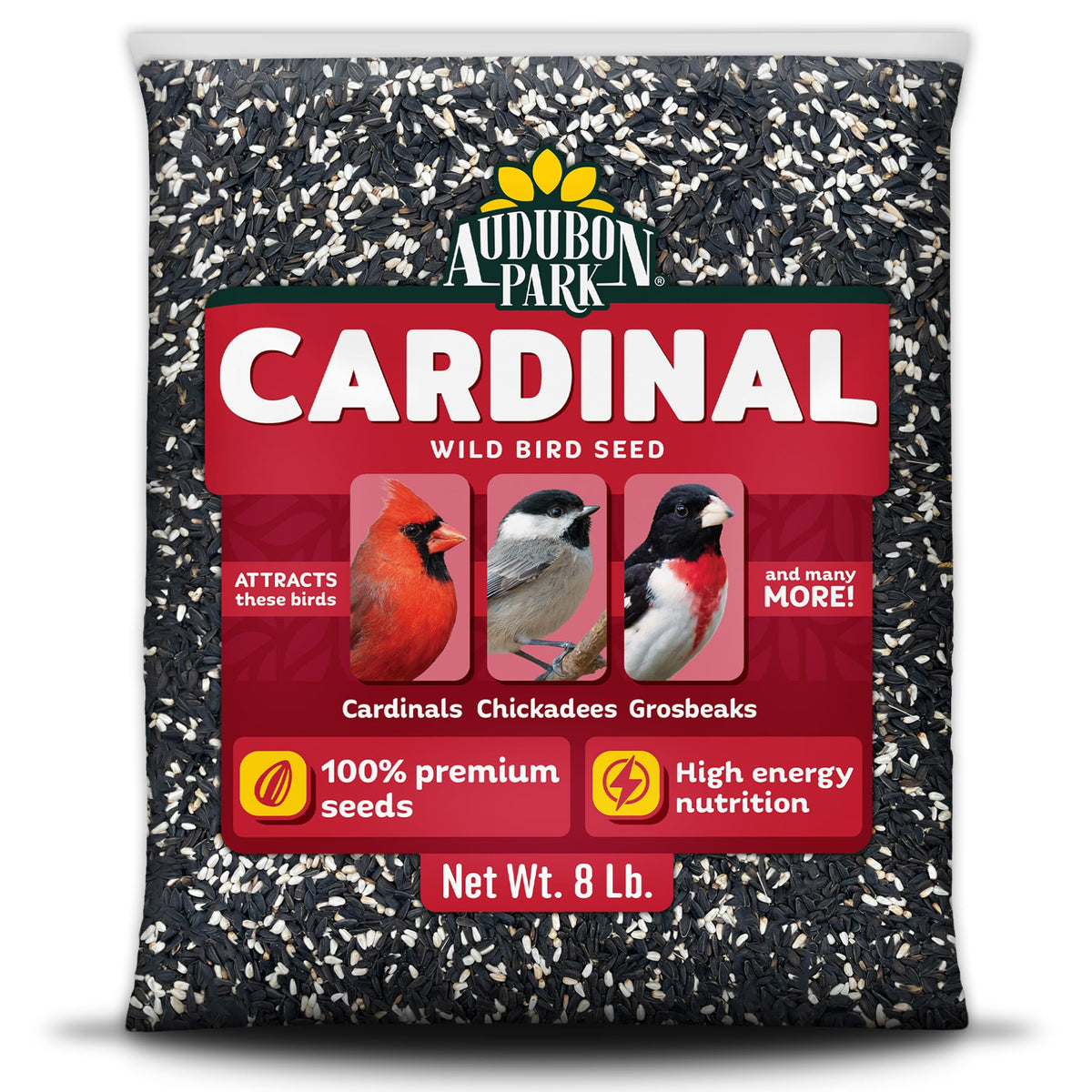 Audubon Park cardinal seed bag attracts cardinals at feeders.