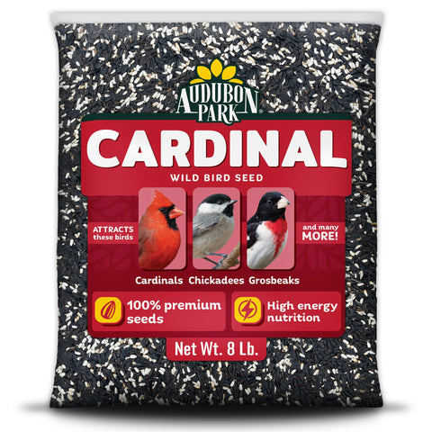 Audubon Park cardinal seed bag attracts cardinals at feeders.