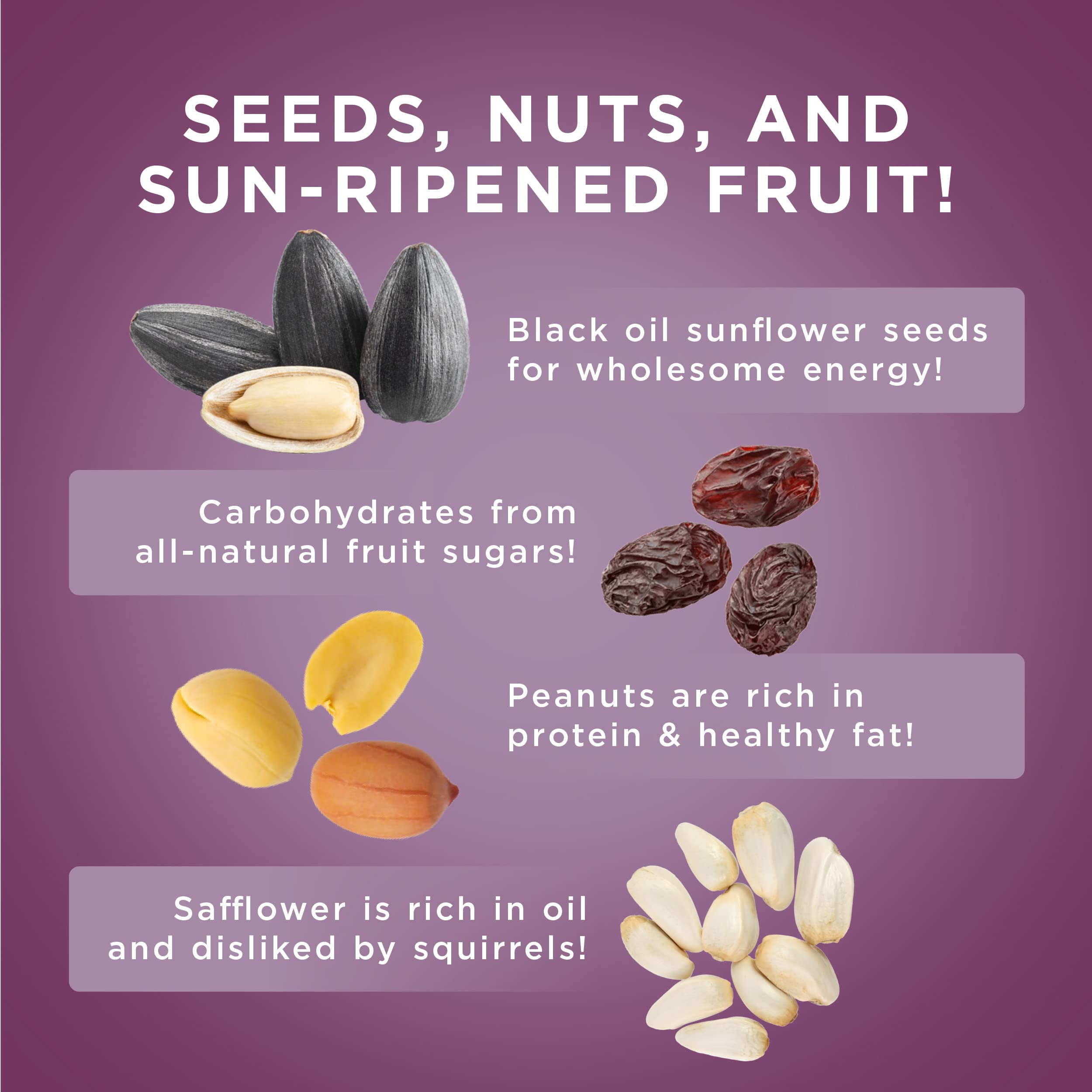 Audubon Park ingredients include peanuts, sunflower seeds, safflower, raisins for gusty flavor.