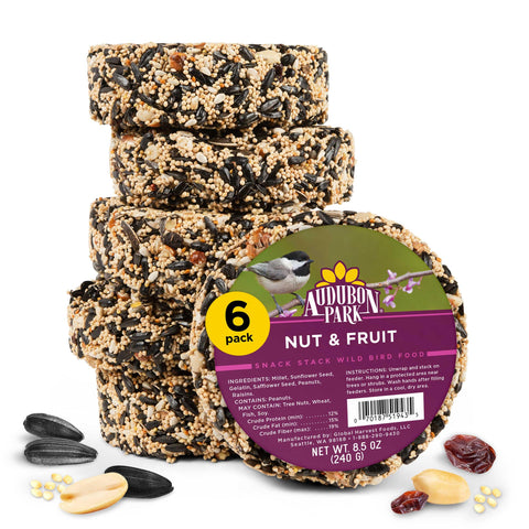 Audubon Park Nut & Fruit Snack Stack packshot shows a six-pack seed cakes for year-round feeding.