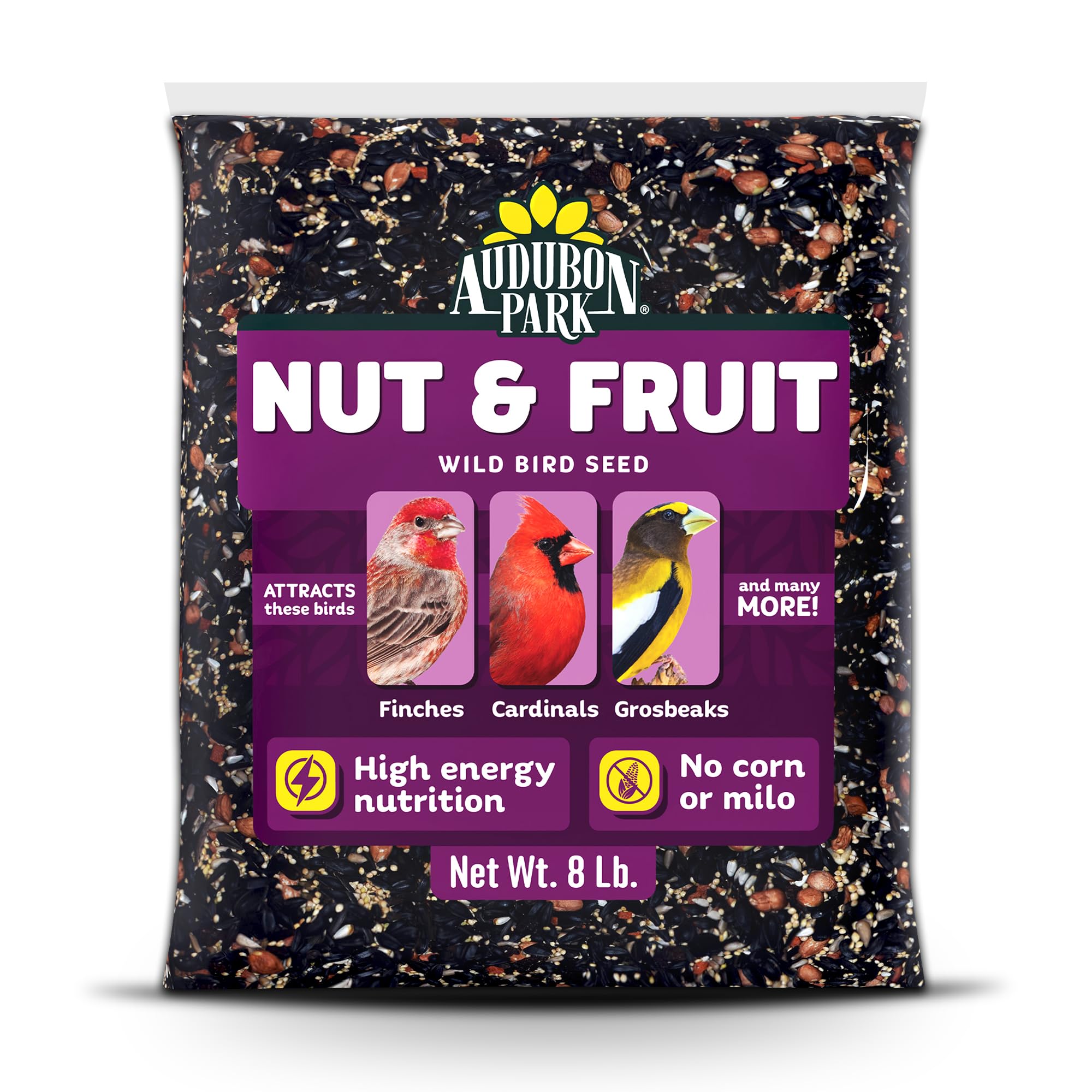 Audubon Park Nut & Fruit seed for outdoor feeders attracts a variety of backyard birds.