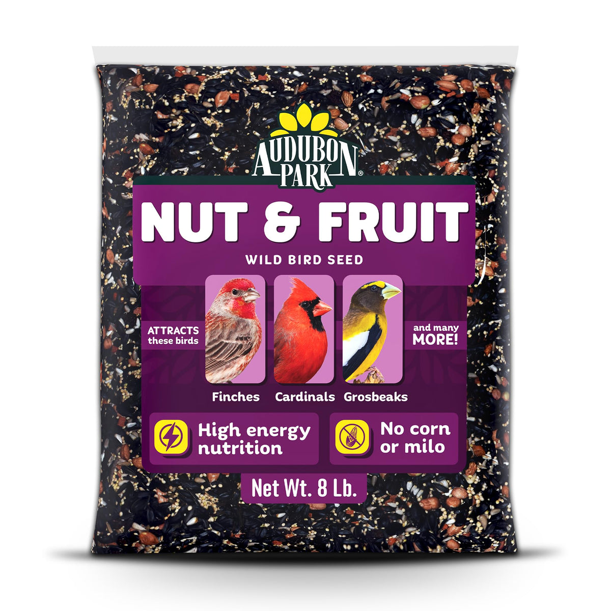 Audubon Park Nut & Fruit seed for outdoor feeders attracts a variety of backyard birds.