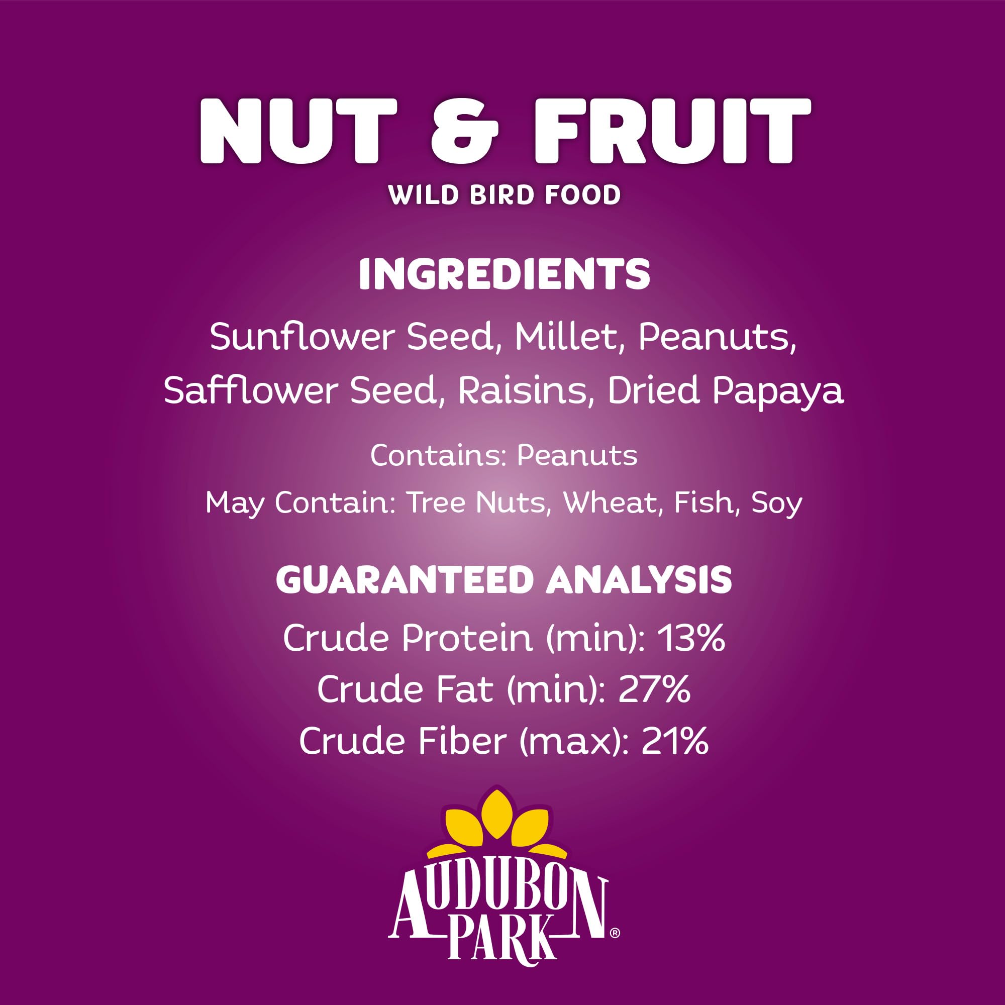 Audubon Park Nut & Fruit seed supports year-round backyard bird activity.