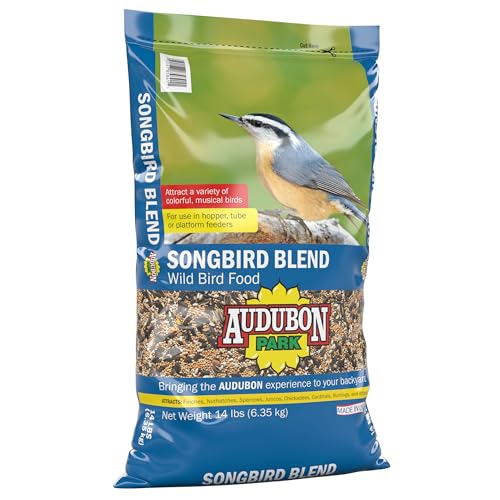 Audubon Park Songbird Blend in an outdoor feeder attracts finches.