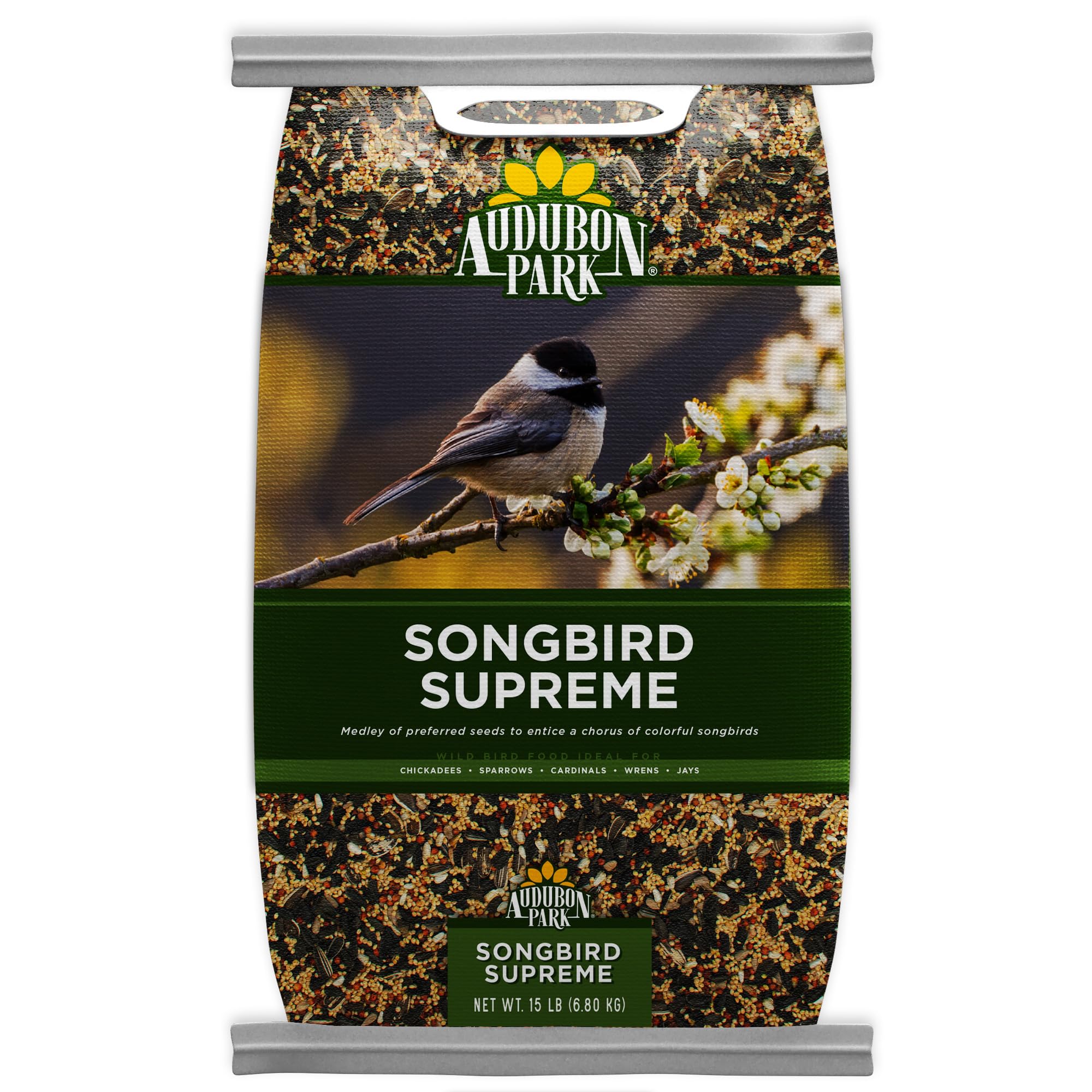 Audubon Park Songbird Supreme bag front view, ideal for year-round backyard feeding.