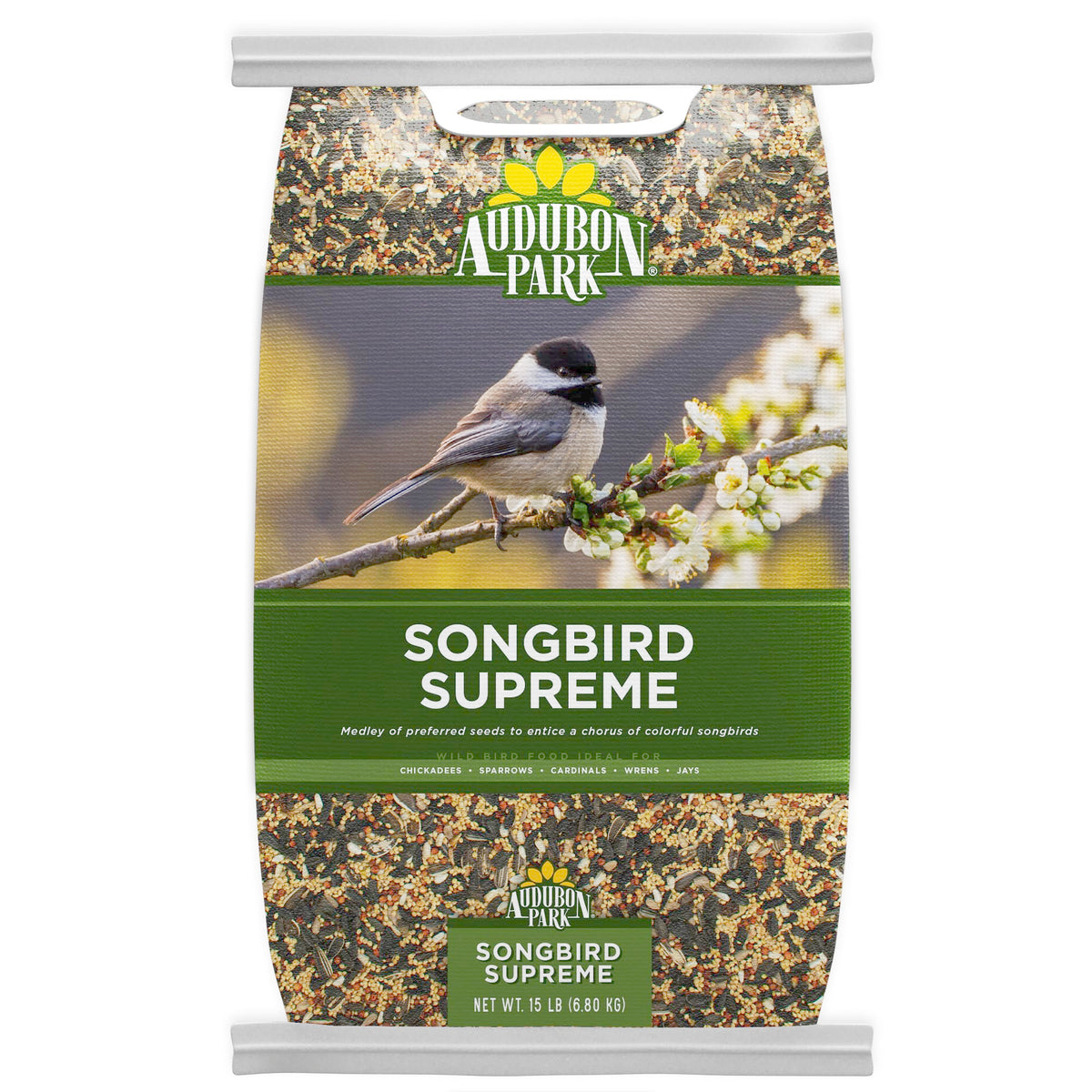 Audubon Park Songbird Supreme bag front view, ideal for year-round backyard feeding.