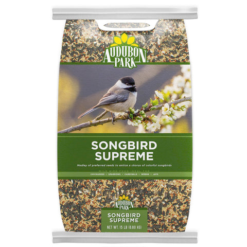Audubon Park Songbird Supreme bag front view, ideal for year-round backyard feeding.