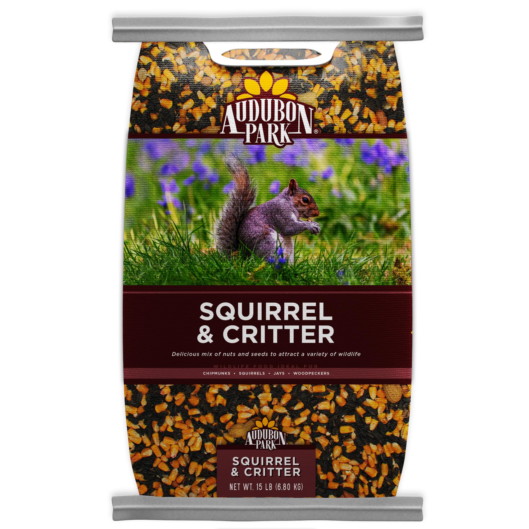 Audubon Park Squirrel and Critter Food bag shows nut and seed blend for backyard wildlife