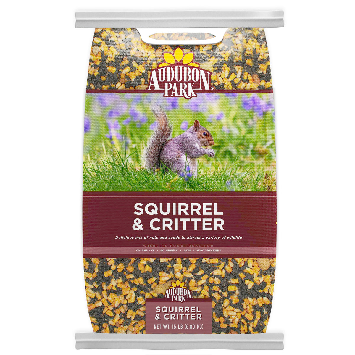 Audubon Park Squirrel and Critter Food bag shows nut and seed blend for backyard wildlife